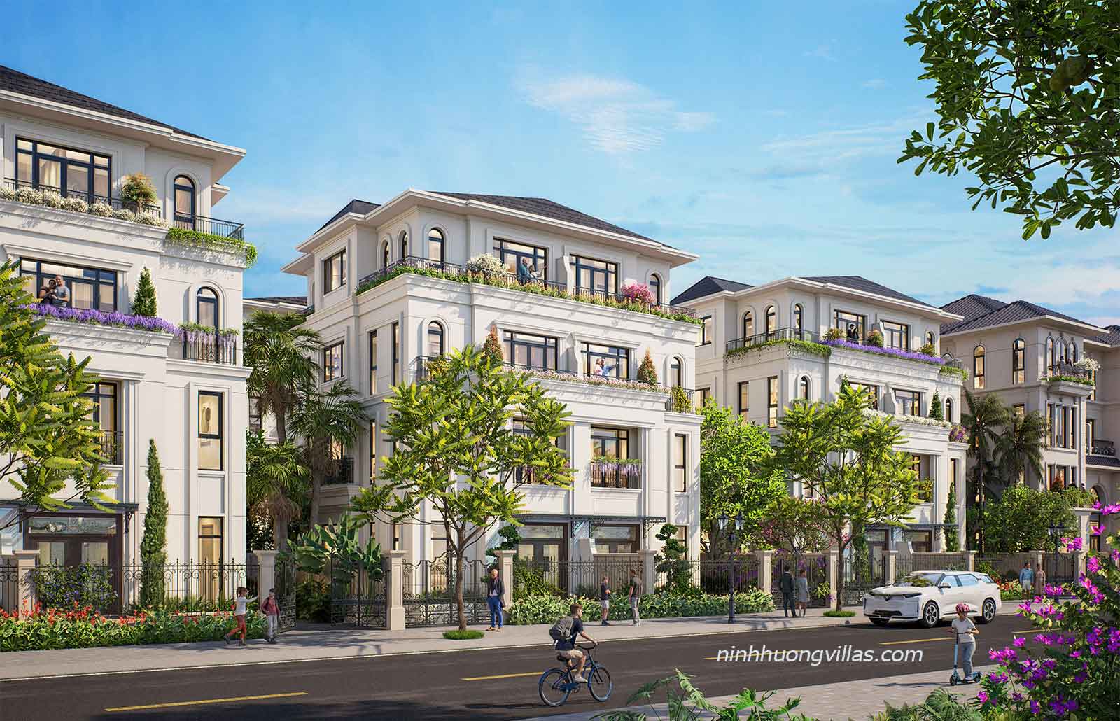 Phối cảnh thiết kế biệt thự song lập phong cách Tân cổ điển tinh giản tại phân khu Vịnh Bình Minh 1 dự án Vinhomes Global Gate Hạ Long.