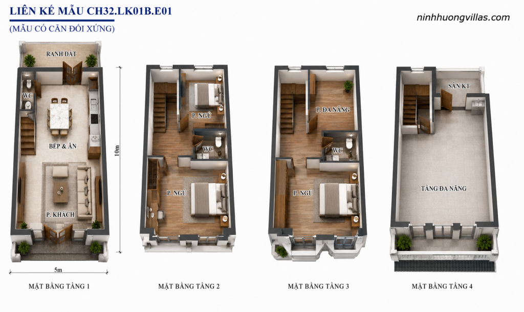 Mặt bằng 3D liền kề Vinh Thiên Đường Vinhomes Hạ Long CH32 LK01B E01 diện tích 5x10m, thiết kế 4 tầng gồm phòng khách, bếp ăn, 3 phòng ngủ, 3 WC và tầng đa năng.