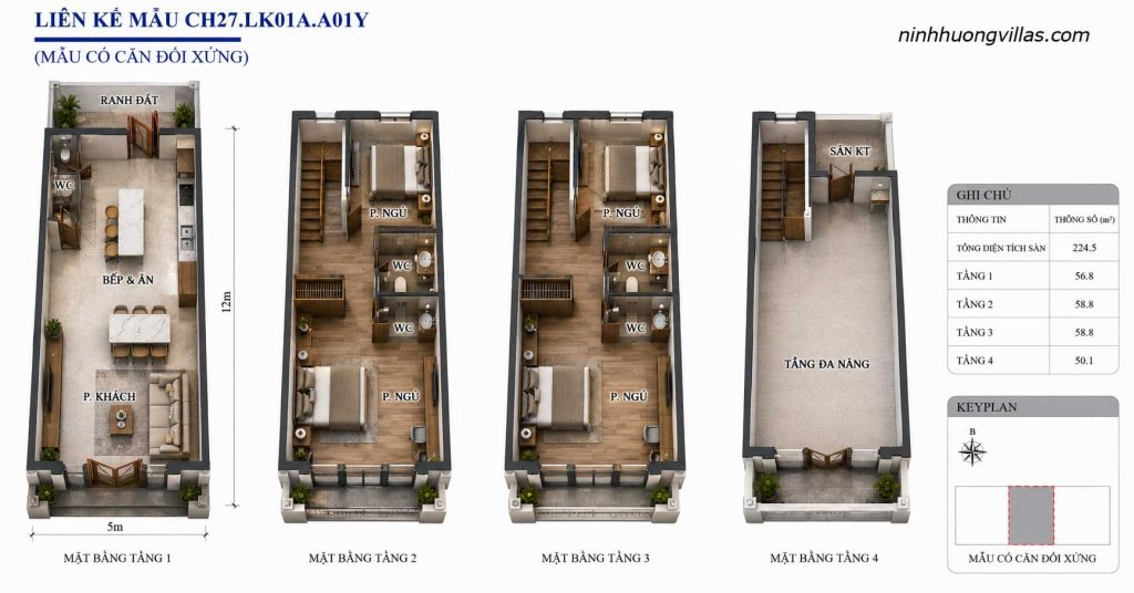 Mặt bằng 3D liền kề Vinh Thiên Đường Vinhomes Hạ Long CH27 LK01A A01Y diện tích 5x12m, thiết kế 4 tầng gồm phòng khách, bếp ăn, 3 phòng ngủ, 4 WC và tầng đa năng.