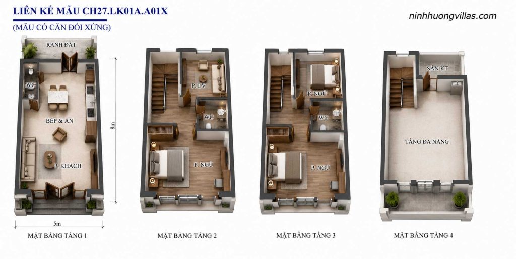 Mặt bằng 3D liền kề Vinh Thiên Đường Vinhomes Hạ Long CH27 LK01A A01X diện tích 5x8m, thiết kế 4 tầng gồm phòng khách, bếp ăn, 3 phòng ngủ, phòng làm việc, 3 WC và tầng đa năng.