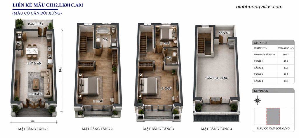 Mặt bằng 3D liền kề Vinh Thiên Đường Vinhomes Hạ Long CH12 LK01C A01 diện tích 5x10m, thiết kế 4 tầng gồm phòng khách, bếp ăn, 3 phòng ngủ, 3 WC, sân kỹ thuật và tầng đa năng.