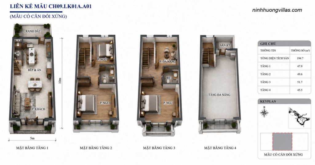 Mặt bằng 3D liền kề Vinh Thiên Đường Vinhomes Hạ Long CH09 LK01A A01 diện tích 5x10m, thiết kế 4 tầng gồm phòng khách, bếp ăn, 3 phòng ngủ, phòng đa năng, 3 WC, sân kỹ thuật và tầng đa năng.