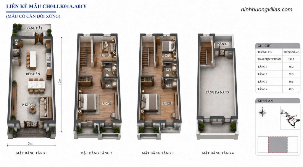 Mặt bằng 3D liền kề Vinh Thiên Đường Vinhomes Hạ Long CH04 LK01A A01Y diện tích 5x12m, thiết kế 4 tầng gồm phòng khách, bếp ăn, 4 phòng ngủ, 4 WC, sân kỹ thuật và tầng đa năng.