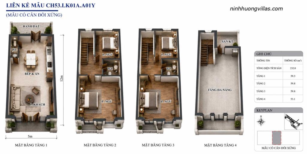 Bản vẽ mặt bằng 3D thiết kế liền kề Vịnh Thiên Đường mẫu CH53.LK01A.A01Y dự án Vinhomes Global Gate Hạ Long.