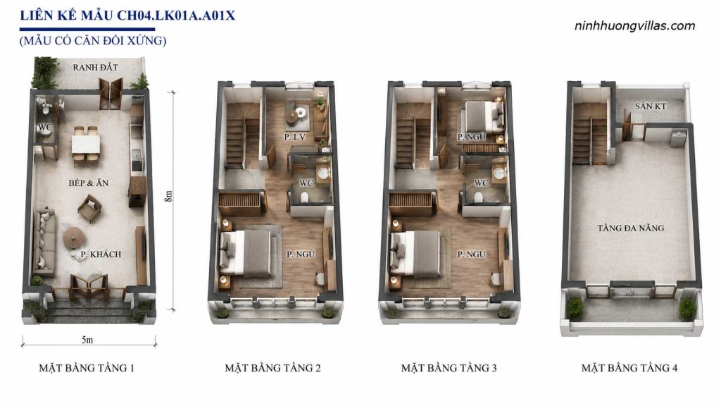 Mặt bằng 3D liền kề Vinh Thiên Đường Vinhomes Hạ Long CH04 LK01A A01X diện tích 5x8m, thiết kế 4 tầng gồm phòng khách, bếp ăn, 3 phòng ngủ, phòng làm việc, 3 WC, sân kỹ thuật và tầng đa năng.