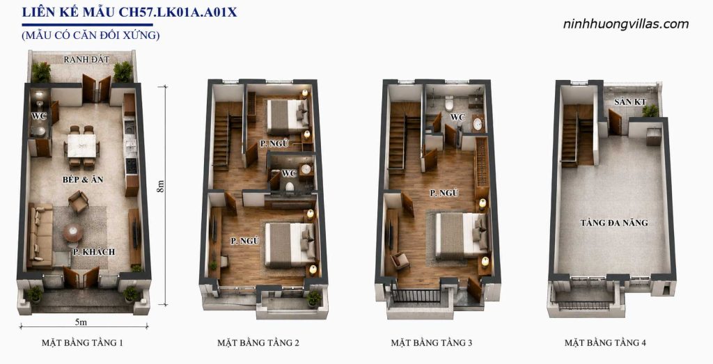 Bản vẽ mặt bằng 3D thiết kế liền kề Vịnh Thiên Đường mẫu CH57.LK01A.A01X dự án Vinhomes Global Gate Hạ Long.