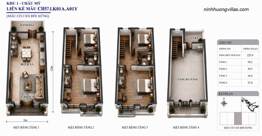 Bản vẽ mặt bằng 3D thiết kế liền kề Vịnh Thiên Đường mẫu CH57.LK01A.A01Y dự án Vinhomes Global Gate Hạ Long.