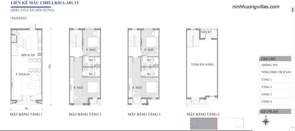 Mặt bằng liền kề Vinh Thiên Đường Vinhomes Hạ Long CH03 LK01A A01.1Y diện tích 5x12m, thiết kế 4 tầng gồm phòng khách, bếp ăn, 4 phòng ngủ, 4 WC và tầng đa năng.