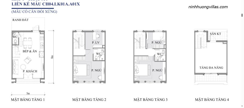 Mặt bằng liền kề Vinh Thiên Đường Vinhomes Hạ Long CH04 LK01A A01X diện tích 5x8m, thiết kế 4 tầng gồm phòng khách, bếp ăn, 3 phòng ngủ, phòng làm việc, 3 WC và tầng đa năng.