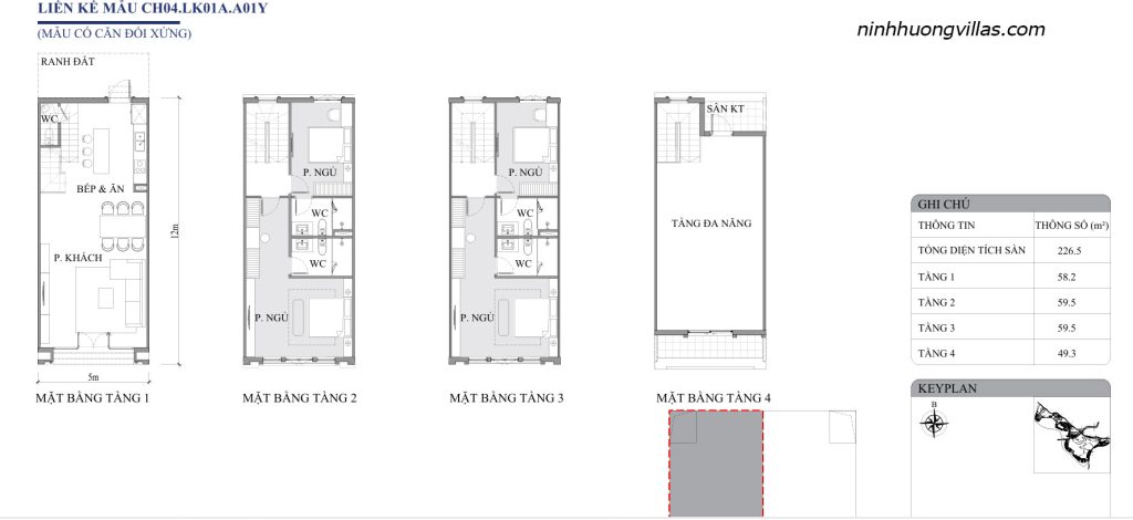 Mặt bằng liền kề Vinh Thiên Đường Vinhomes Hạ Long CH04 LK01A A01Y diện tích 5x12m, thiết kế 4 tầng gồm phòng khách, bếp ăn, 4 phòng ngủ, 4 WC và tầng đa năng.