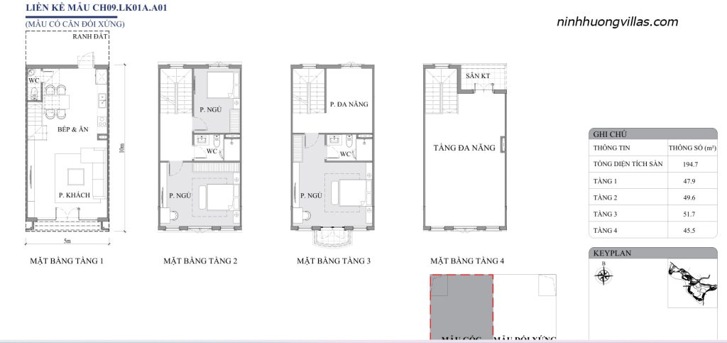 Mặt bằng liền kề Vinh Thiên Đường Vinhomes Hạ Long CH09 LK01A A01 diện tích 5x10m, thiết kế 4 tầng gồm phòng khách, bếp ăn, 3 phòng ngủ, 3 WC và tầng đa năng.