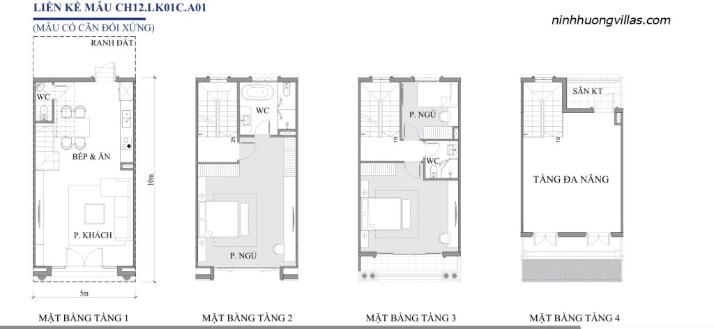 Mặt bằng liền kề Vinh Thiên Đường Vinhomes Hạ Long CH12 LK01C A01 diện tích 5x10m, thiết kế 4 tầng gồm phòng khách, bếp ăn, 3 phòng ngủ, 3 WC, sân kỹ thuật và tầng đa năng.