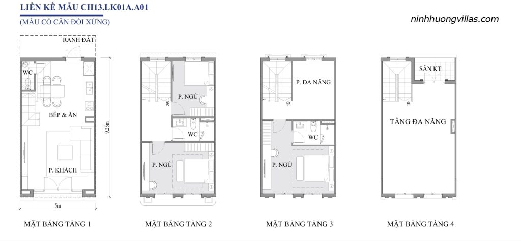 Mặt bằng liền kề Vinh Thiên Đường Vinhomes Hạ Long CH13 LK01A A01 diện tích 5x9,25m, thiết kế 4 tầng gồm phòng khách, bếp ăn, 3 phòng ngủ, 3 WC, sân kỹ thuật và tầng đa năng.