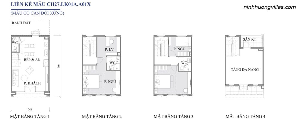 Mặt bằng liền kề Vinh Thiên Đường Vinhomes Hạ Long CH27 LK01A A01X diện tích 5x8m, thiết kế 4 tầng gồm phòng khách, bếp ăn, 3 phòng ngủ, phòng làm việc, 3 WC, sân kỹ thuật và tầng đa năng.