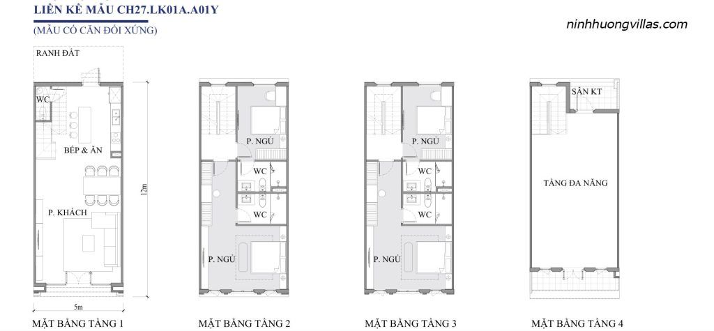Mặt bằng liền kề Vinh Thiên Đường Vinhomes Hạ Long CH27 LK01A A01Y diện tích 5x12m, thiết kế 4 tầng gồm phòng khách, bếp ăn, 4 phòng ngủ, 4 WC, sân kỹ thuật và tầng đa năng.