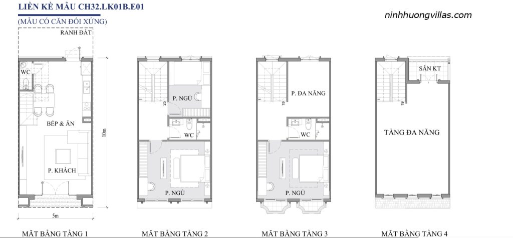 Mặt bằng liền kề Vinh Thiên Đường Vinhomes Hạ Long CH32 LK01B E01 diện tích 5x10m, thiết kế 4 tầng gồm phòng khách, bếp ăn, 3 phòng ngủ, 3 WC, sân kỹ thuật và tầng đa năng.