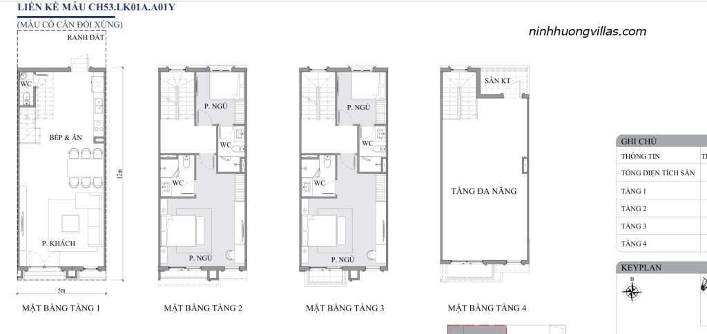 Mặt bằng liền kề Vinh Thiên Đường Vinhomes Hạ Long CH53 LK01A A01Y diện tích 5x12m, thiết kế 4 tầng gồm phòng khách, bếp ăn, 3 phòng ngủ, 3 WC, sân kỹ thuật và tầng đa năng.
