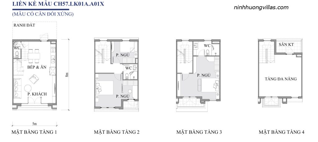 Mặt bằng liền kề Vinh Thiên Đường Vinhomes Hạ Long CH57 LK01A A01X diện tích 5x8m, thiết kế 4 tầng gồm phòng khách, bếp ăn, 3 phòng ngủ, 3 WC, sân kỹ thuật và tầng đa năng.