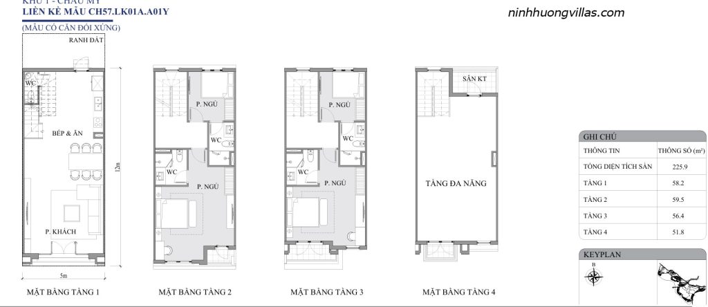 Mặt bằng liền kề Vinh Thiên Đường Vinhomes Hạ Long CH57 LK01A A01Y diện tích 5x12m, thiết kế 4 tầng gồm phòng khách, bếp ăn, 3 phòng ngủ, 3 WC, sân kỹ thuật và tầng đa năng.