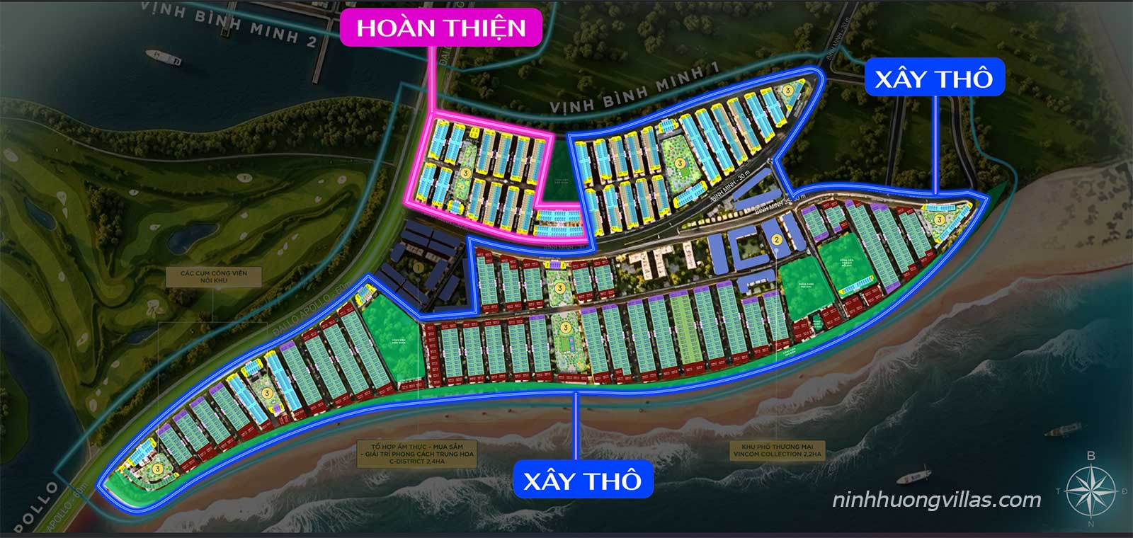 Bản đồ mặt bằng phân lô chi tiết phân khu Vịnh Bình Minh 1 dự án Vinhomes Global Gate Hạ Long, thể hiện rõ 3 lớp sản phẩm và khu vực tiêu chuẩn bàn giao.
