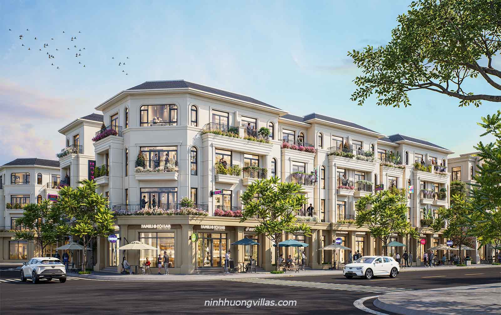 Phối cảnh thiết kế dãy nhà liền kề và shophouse thương mại từ 4 đến 5 tầng tại phân khu Vịnh Bình Minh 1, dự án Vinhomes Global Gate Hạ Long.