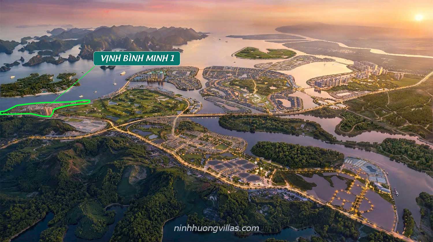 Phối cảnh tổng quan vị trí đắc địa của phân khu Vịnh Bình Minh 1 kế cận mặt biển tại siêu dự án Vinhomes Global Gate Hạ Long