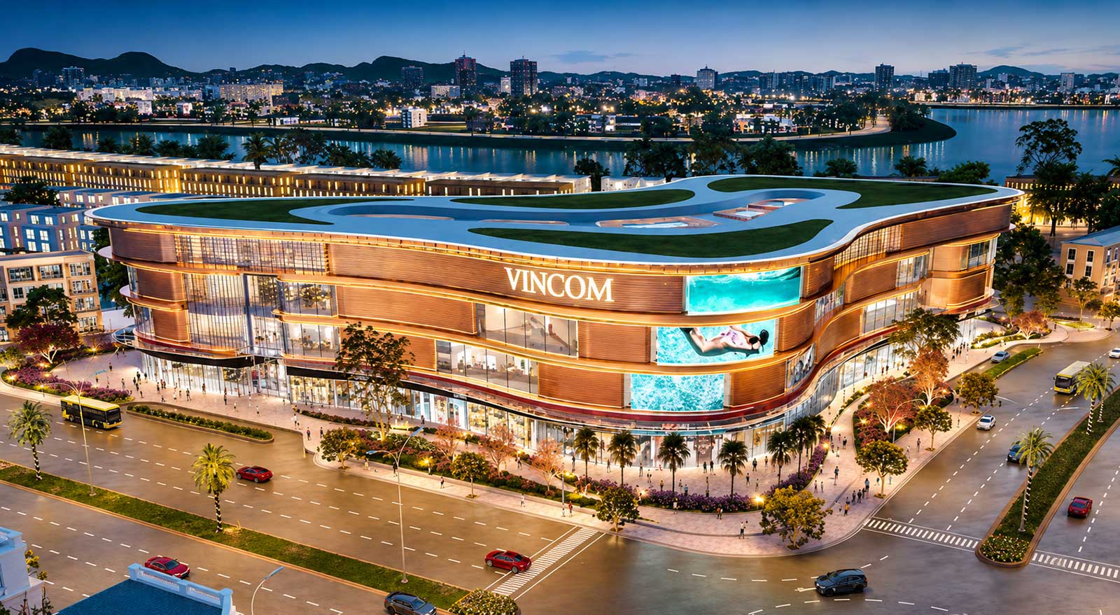 Phối cảnh trung tâm thương mại Vincom sầm uất về đêm thuộc hệ sinh thái tiện ích đẳng cấp của dự án Vinhomes Global Gate Hạ Long, kế cận phân khu Vịnh Bình Minh 1.