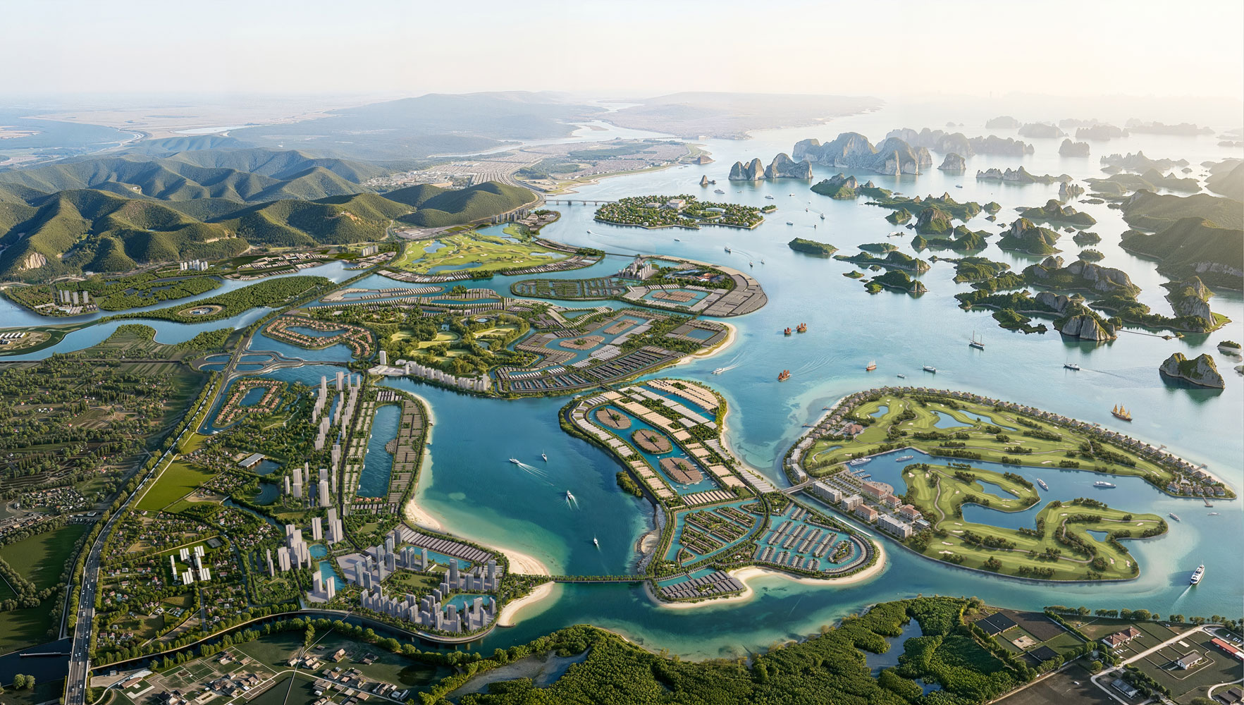 Tổng thể quy hoạch dự án Vinhomes Global Gate Hạ Long nhìn từ trên cao với hệ thống đảo, vịnh và khu đô thị ven biển đẳng cấp