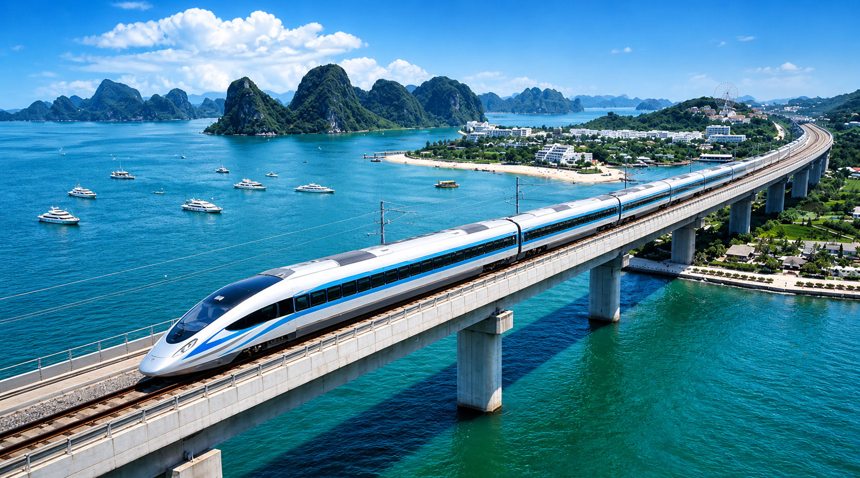 Tàu cao tốc Vinspeed 350km/h kết nối Hà Nội – Vinhomes Global Gate Hạ Long chỉ 23 phút, chạy qua vịnh biển Hạ Long tuyệt đẹp