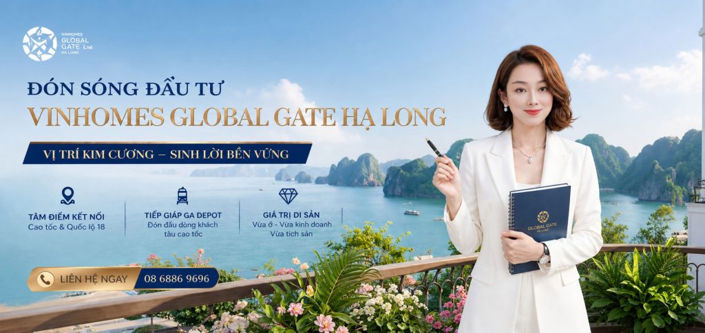 2 Triệu m2 Tòa Văn Phòng Vinhomes Global Gate Hạ Long, Quy Mô Bằng 20 Tòa Technopark: Giải Mã Bài Toán Việc Làm Và Dòng Người Ở Thực Ảnh quảng cáo dự án Vinhomes Global Gate Hạ Long với nữ tư vấn cầm sổ, nền vịnh Hạ Long, giới thiệu vị trí kim cương và cơ hội đầu tư sinh lời bền vững