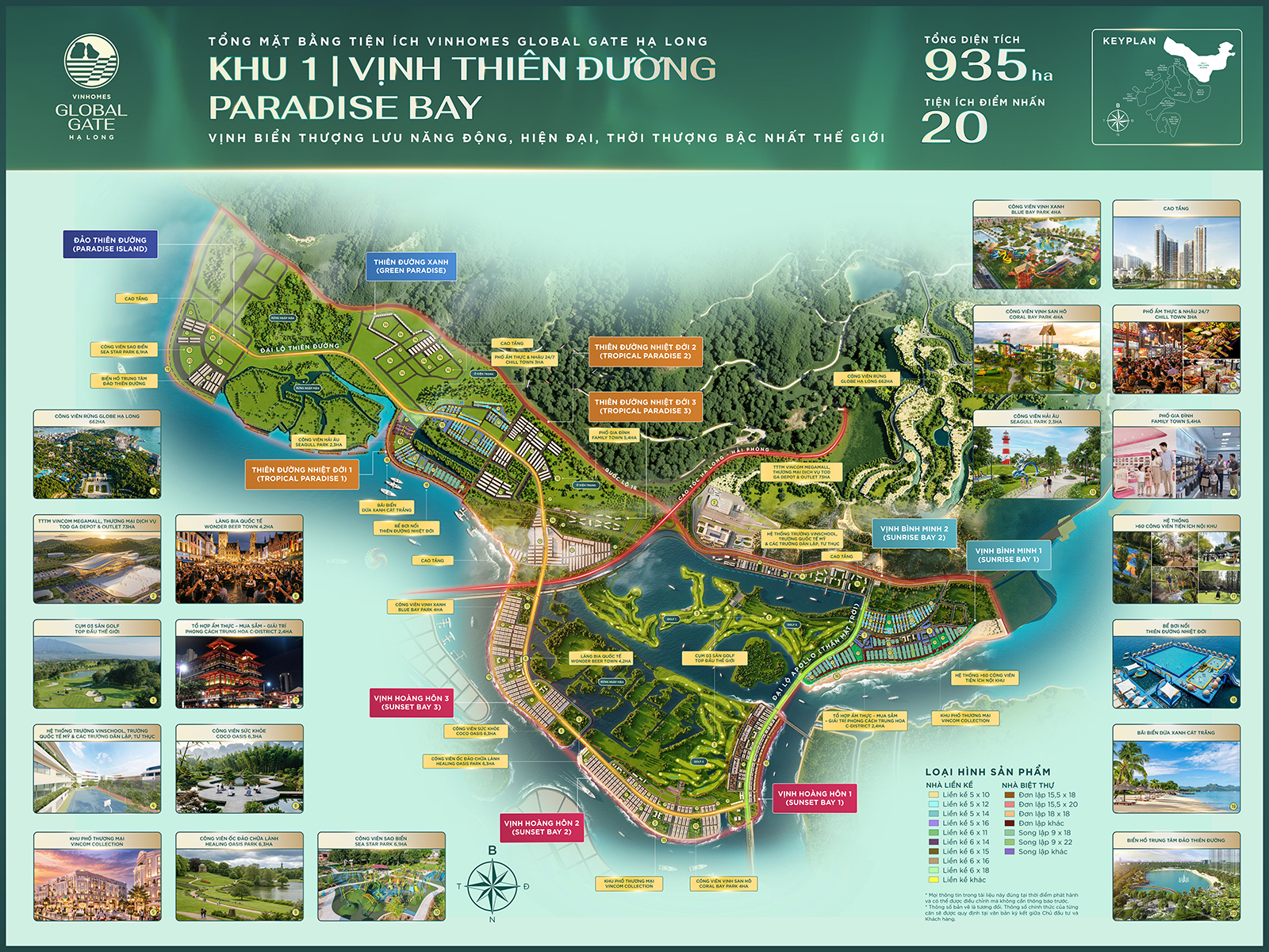 Sơ đồ quy hoạch Vịnh Thiên Đường Paradise Bay Vinhomes Global Gate Hạ Long với tổng diện tích 935ha và hệ thống tiện ích toàn diện